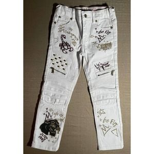 Dstrkt Denim Girls White Jeans Size 7-8 Embroidered All Over Be Fly Stay Cool